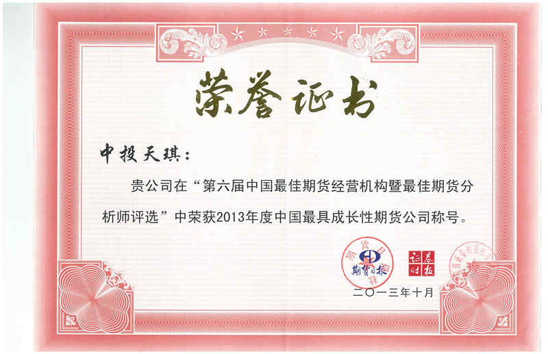 公司荣获“2013年度最具成长性期货公司”称号