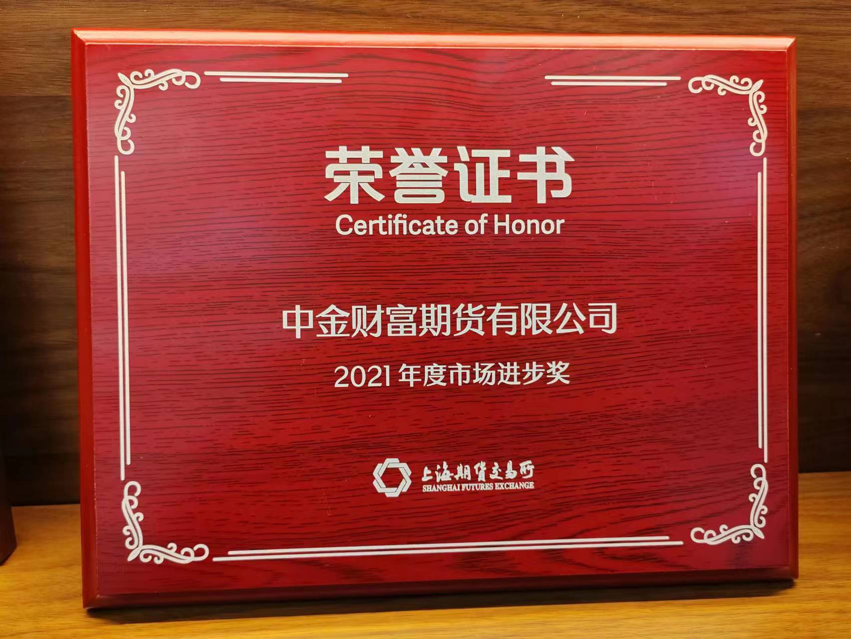 公司荣获上海期货交易所2021年度市场进步奖